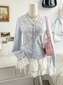Soleia Women's Contrast Lace Long Sleeve Single-Breasted Knit Cardigan Brunch Date Light Blue Autumn Romantic Elegant - Blue - View 3