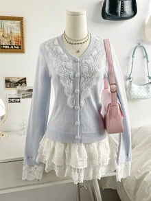 Soleia Women's Contrast Lace Long Sleeve Single-Breasted Knit Cardigan Brunch Date Light Blue Autumn Romantic Elegant - Blue - View 9