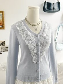 Soleia Women's Contrast Lace Long Sleeve Single-Breasted Knit Cardigan Brunch Date Light Blue Autumn Romantic Elegant - Blue - View 7