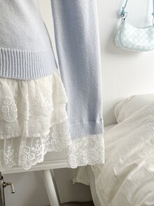 Soleia Women's Contrast Lace Long Sleeve Single-Breasted Knit Cardigan Brunch Date Light Blue Autumn Romantic Elegant - Blue - View 4