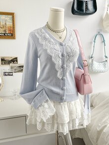 Soleia Women's Contrast Lace Long Sleeve Single-Breasted Knit Cardigan Brunch Date Light Blue Autumn Romantic Elegant - Blue - View 12