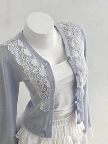 Soleia Women's Contrast Lace Long Sleeve Single-Breasted Knit Cardigan Brunch Date Light Blue Autumn Romantic Elegant - Blue - View 1