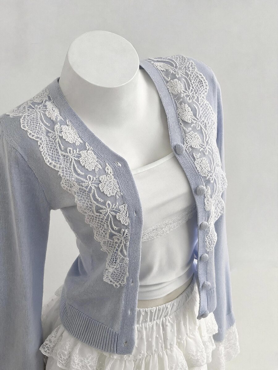 Soleia Women's Contrast Lace Long Sleeve Single-Breasted Knit Cardigan Brunch Date Light Blue Autumn Romantic Elegant - Blue - View 1