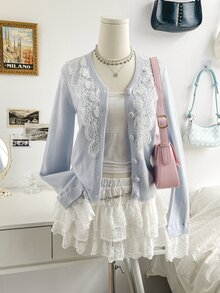 Soleia Women's Contrast Lace Long Sleeve Single-Breasted Knit Cardigan Brunch Date Light Blue Autumn Romantic Elegant - Blue - View 11