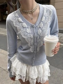 Soleia Women's Contrast Lace Long Sleeve Single-Breasted Knit Cardigan Brunch Date Light Blue Autumn Romantic Elegant - Blue - View 6