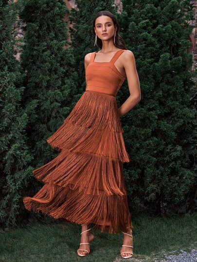 VOLUPTÉ CURVE Women's Spring/Summer Brown Maxi Dress Satin Fringe, Elegant Date Night Vacation Party Wedding Guest Dress Women