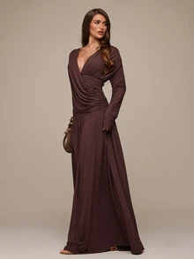 SHEIN BAE Women's Solid Color Overlap V-Neck Long Sleeve Pleated Elegant Dress Wedding Dinner Brown Autumn - Brown - View 5