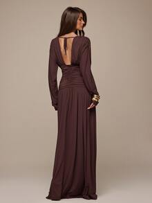 SHEIN BAE Women's Solid Color Overlap V-Neck Long Sleeve Pleated Elegant Dress Wedding Dinner Brown Autumn - Brown - View 2
