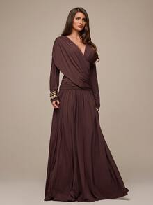 SHEIN BAE Women's Solid Color Overlap V-Neck Long Sleeve Pleated Elegant Dress Wedding Dinner Brown Autumn - Brown - View 6