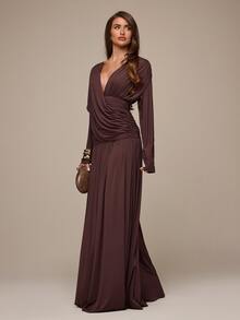 SHEIN BAE Women's Solid Color Overlap V-Neck Long Sleeve Pleated Elegant Dress Wedding Dinner Brown Autumn - Brown - View 4