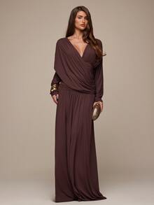 SHEIN BAE Women's Solid Color Overlap V-Neck Long Sleeve Pleated Elegant Dress Wedding Dinner Brown Autumn - Brown - View 1