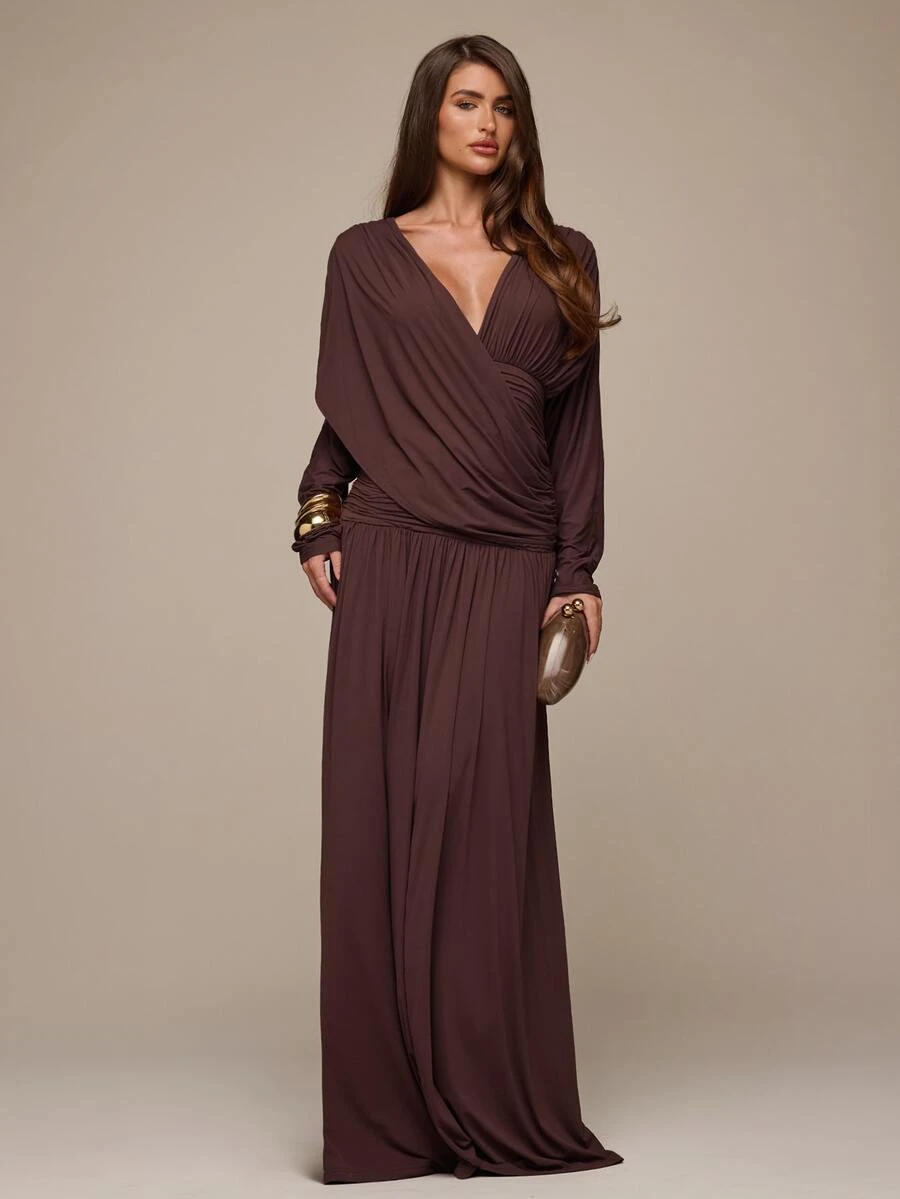SHEIN BAE Women's Solid Color Overlap V-Neck Long Sleeve Pleated Elegant Dress Wedding Dinner Brown Autumn - Brown - View 1