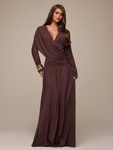 SHEIN BAE Women's Solid Color Overlap V-Neck Long Sleeve Pleated Elegant Dress Wedding Dinner Brown Autumn - Brown - View 3
