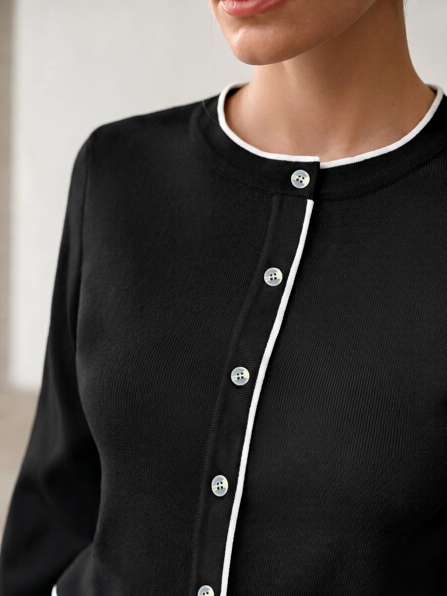 MOTF PREMIUM WOMEN CONTRAST BINDING BUTTON PLACKET LIGHTWEIGHT CARDIGAN - Black - View 2