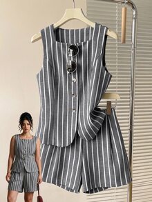 GlowEve CURVE Plus Size Women 2pcs Set: Striped Shirt With Front Opening & Sleeveless Shorts, Spring/Summer - Grey - View 1