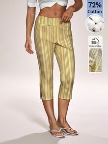 SHEIN Tall Women's Striped Waist Button Design Casual Capri Pants - Yellow - View 4