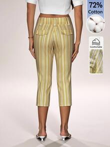 SHEIN Tall Women's Striped Waist Button Design Casual Capri Pants - Yellow - View 2