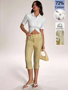 SHEIN Tall Women's Striped Waist Button Design Casual Capri Pants - Yellow - View 5