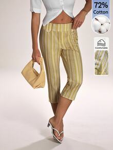 SHEIN Tall Women's Striped Waist Button Design Casual Capri Pants - Yellow - View 7