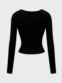 SHEIN Women's Casual Solid Color Knit U-Neck Long Sleeve T-Shirt,Spring Autumn Basic Ribbed Crop Top,Black Square Neck Top For Night Out - Black - View 7