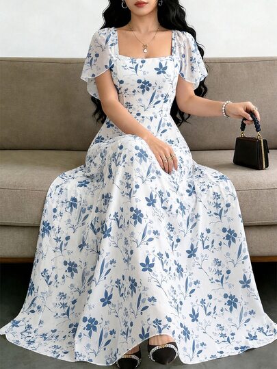 Modelyn White And Blue Floral Plant Print Women's French Style Long Dress, Fashion U-Neck Shawl Design, Summer Waist-Cinching Elegant Romantic Vacation Brunch