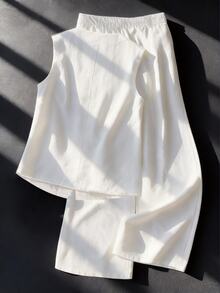 Resyla Off-White 2 Pieces Set For Women, Loose Fit Camisole Vest Top And Wide Leg Pants, Summer Vacation Casual - White - View 2