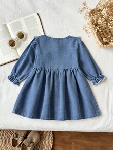 SHEIN 幼兒女嬰牛仔洋裝 可愛優雅仙氣藍色 荷葉邊鈕扣長花瓣袖圓領 常規版 生日拍照派對秋季公主風 - 藍色 - 查看 2