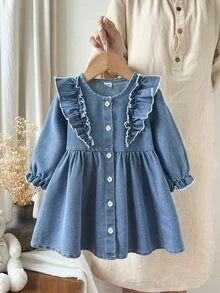 SHEIN 幼兒女嬰牛仔洋裝 可愛優雅仙氣藍色 荷葉邊鈕扣長花瓣袖圓領 常規版 生日拍照派對秋季公主風 - 藍色 - 查看 3