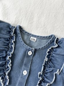 SHEIN 幼兒女嬰牛仔洋裝 可愛優雅仙氣藍色 荷葉邊鈕扣長花瓣袖圓領 常規版 生日拍照派對秋季公主風 - 藍色 - 查看 5