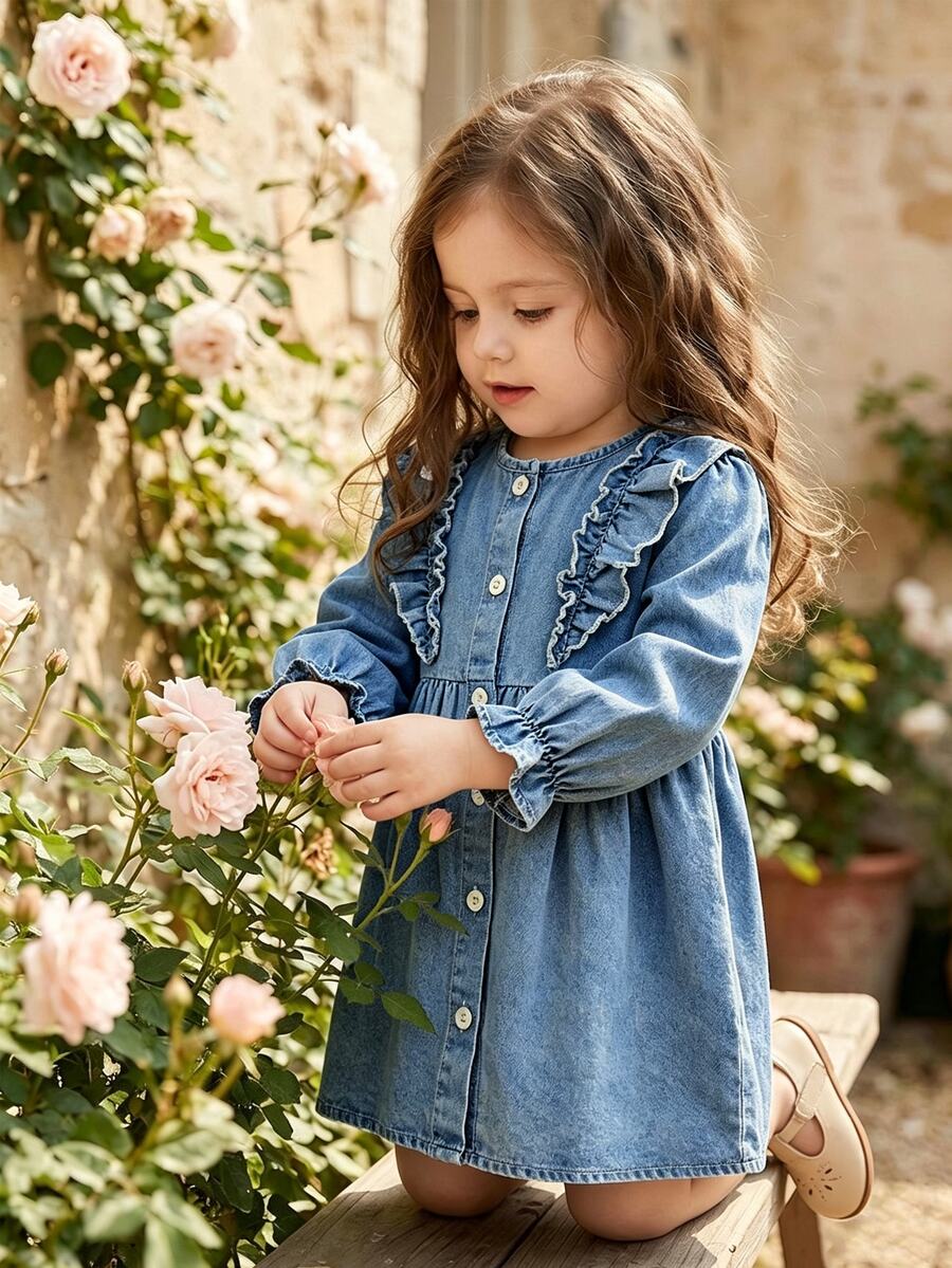 SHEIN 幼兒女嬰牛仔洋裝 可愛優雅仙氣藍色 荷葉邊鈕扣長花瓣袖圓領 常規版 生日拍照派對秋季公主風 - 藍色 - 查看 1