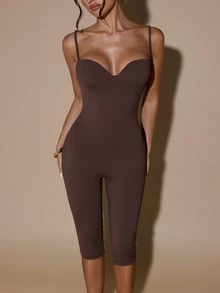 SHEIN BAE Women's Solid Gray Knit Cami Jumpsuit With Built-In Chest Padding, Comfortable 3/4 Length Jumpsuit, Elegant Jumpsuit, Autumn/Winter Layering Jumpsuit - Grey - View 6