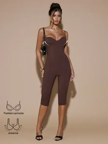 SHEIN BAE Women's Solid Gray Knit Cami Jumpsuit With Built-In Chest Padding, Comfortable 3/4 Length Jumpsuit, Elegant Jumpsuit, Autumn/Winter Layering Jumpsuit - Grey - View 1