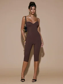 SHEIN BAE Women's Solid Gray Knit Cami Jumpsuit With Built-In Chest Padding, Comfortable 3/4 Length Jumpsuit, Elegant Jumpsuit, Autumn/Winter Layering Jumpsuit - Grey - View 3