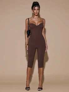 SHEIN BAE Women's Solid Gray Knit Cami Jumpsuit With Built-In Chest Padding, Comfortable 3/4 Length Jumpsuit, Elegant Jumpsuit, Autumn/Winter Layering Jumpsuit - Grey - View 4