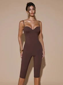 SHEIN BAE Women's Solid Gray Knit Cami Jumpsuit With Built-In Chest Padding, Comfortable 3/4 Length Jumpsuit, Elegant Jumpsuit, Autumn/Winter Layering Jumpsuit - Grey - View 5