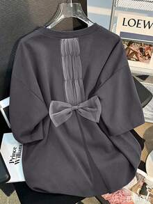 SHEIN Plus Size Women's Round Neck T-Shirt With Back Slit And Bow Decor - Grey - View 2