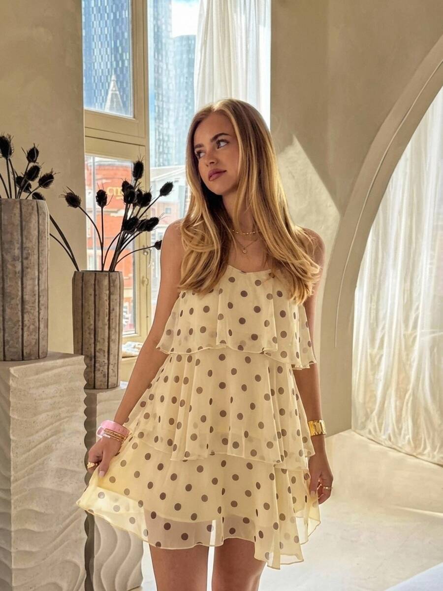 CovetEZ Women's Polka Dot Print Multi-Layer Ruffle Spaghetti Strap Dress Brunch Tea Party Vacation Brown And White Polka Dot Polka Dot Summer Cute Romantic - Yellow - View 1