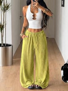 Coolane Fall Clothes For Women Minimalist Drawstring Waist Pocket Loose Wide Leg Long Pants For Vacation,Sage Green Straight Pants - Limelight Green - View 5