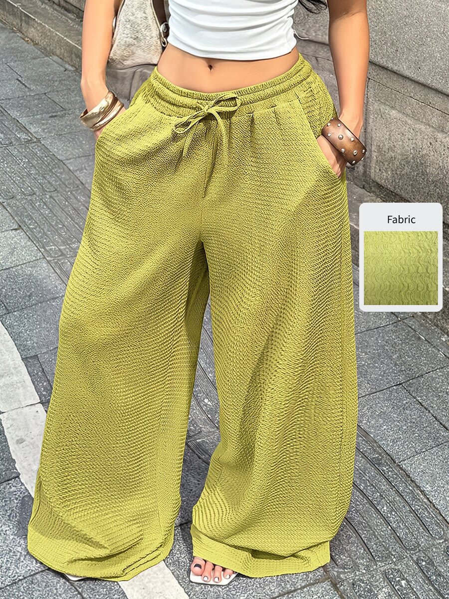 Coolane Fall Clothes For Women Minimalist Drawstring Waist Pocket Loose Wide Leg Long Pants For Vacation,Sage Green Straight Pants - Limelight Green - View 1