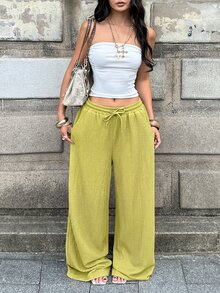 Coolane Fall Clothes For Women Minimalist Drawstring Waist Pocket Loose Wide Leg Long Pants For Vacation,Sage Green Straight Pants - Limelight Green - View 6