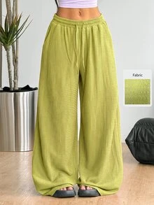 Coolane Fall Clothes For Women Minimalist Drawstring Waist Pocket Loose Wide Leg Long Pants For Vacation,Sage Green Straight Pants - Limelight Green - View 2