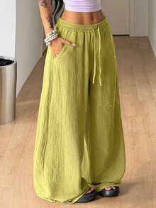Coolane Fall Clothes For Women Minimalist Drawstring Waist Pocket Loose Wide Leg Long Pants For Vacation,Sage Green Straight Pants - Limelight Green - View 4