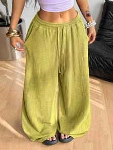 Coolane Fall Clothes For Women Minimalist Drawstring Waist Pocket Loose Wide Leg Long Pants For Vacation,Sage Green Straight Pants - Limelight Green - View 3
