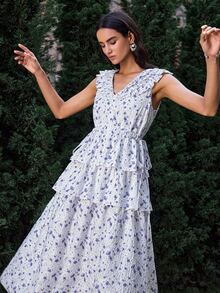 VOLUPTÉ CURVE Women's Spring/Summer Purple Mid Length Dress Floral Print Ruffle Embroidery, Elegant Casual Beach Vacation Birthday Wedding Guest Dress - Multicolor - View 2