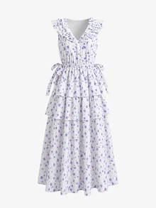 VOLUPTÉ CURVE Women's Spring/Summer Purple Mid Length Dress Floral Print Ruffle Embroidery, Elegant Casual Beach Vacation Birthday Wedding Guest Dress - Multicolor - View 10