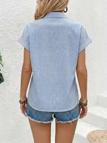 Elafinee 女款藍白條紋純棉襯衫，蝙蝠袖短袖夏季上衣，休閒辦公時尚通勤，商務都市教師工作服 - 彩色 - 查看 2