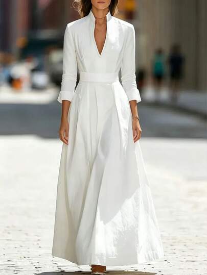 SHEIN Women's French Style Solid Color Cutout V-Neck Waist-Cinching Pocketed Full Skirt Elegant Long Sleeve Dress