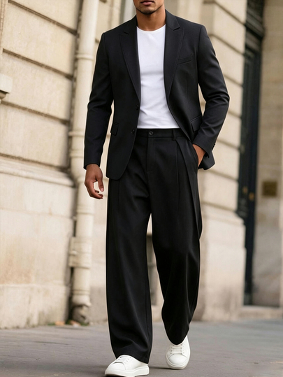 Manfinity Mode Men's Black Fashion Classic Versatile 2-Button Loose Fit Minimalist Premium Drape Comfortable Casual Commute Home Daily Suit Set