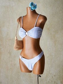 SHEIN ICON 女士夏季沙滩金属环装饰条纹比基尼套装 - 藍白色 - 查看 3
