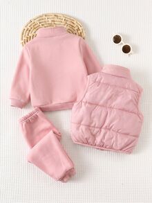 Baby Girl Solid Color Zipper Front Winter Vest, Round Neck Long Sleeve Sweatshirt And Sweatpants Casual Set - Pink - View 6